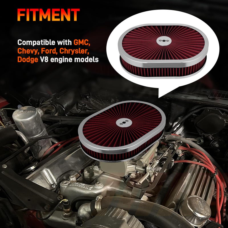 GDUKOP 12 ""x2 "" Oval Air Cleaner Filter Assembly Kit with Flow Compatible with GMC Chevy Ford Chrysler Dodge V8 Thru Lid Carburetor 5-1/8 "" Carb Neck High Flow Black - Image 2